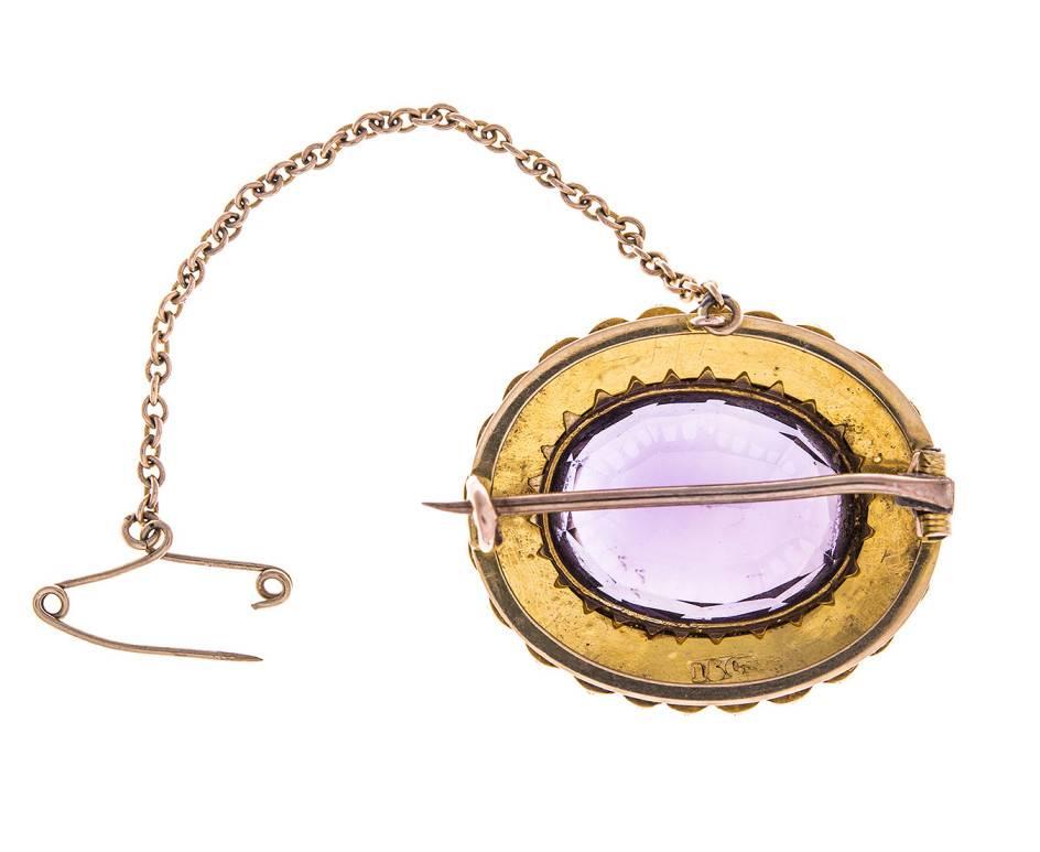 Men's Victorian 15 Carat Gold Amethyst and Seed Pearl Brooch