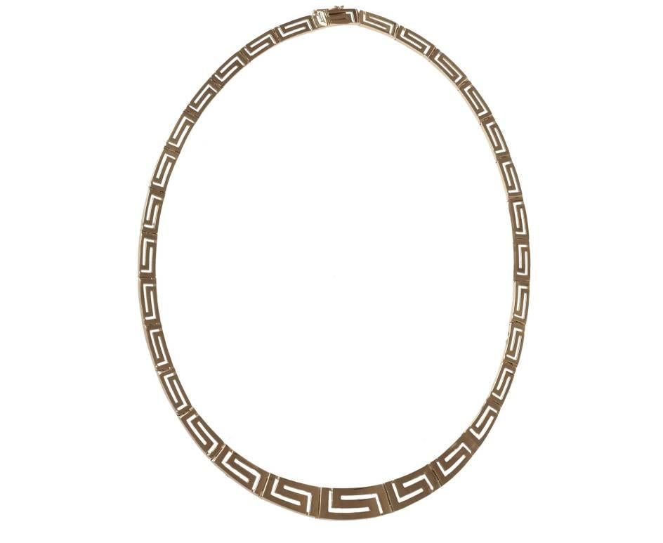 This gorgeous and sophisticated necklace is crafted from warm yellow gold. It's comprised of beautiful Greek key or Meandros design links. The Meandros design is a symbol of unity and infinity making this necklace more than just a gift of gold.