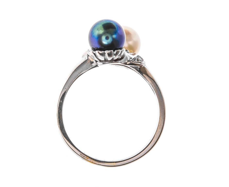 Modern White Gold Tahitian and Akoya Pearl with Diamonds Cross over Ring For Sale