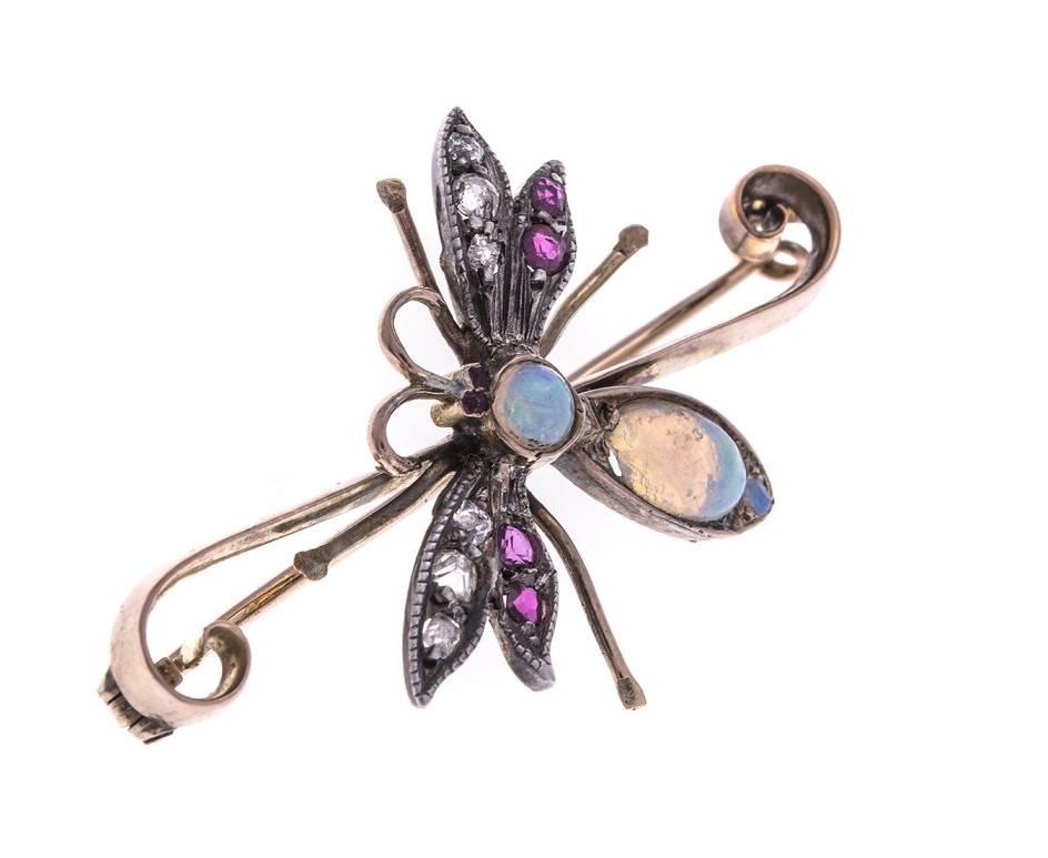 Women's or Men's Victorian 9 Carat Gold Opal, Diamond and Ruby Dragonfly Brooch