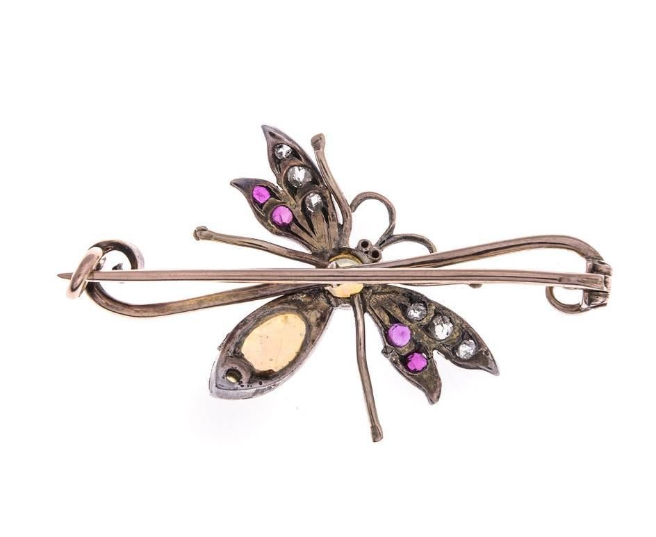 Victorian 9 Carat Gold Opal, Diamond and Ruby Dragonfly Brooch 1