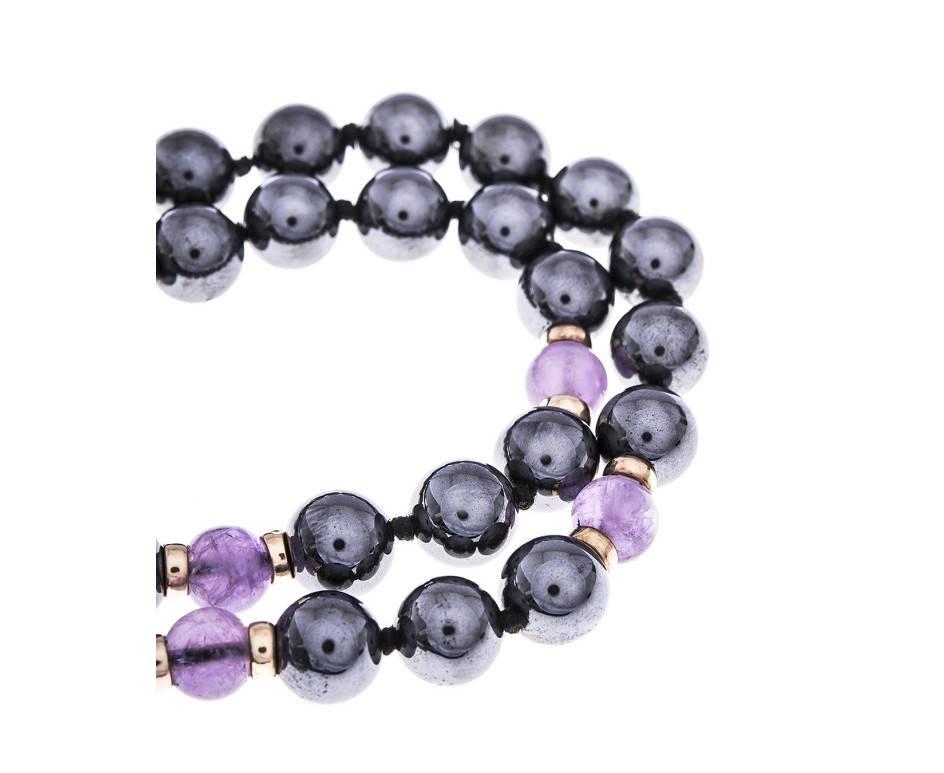 Modern Hematite and Amethyst Bead Necklace For Sale