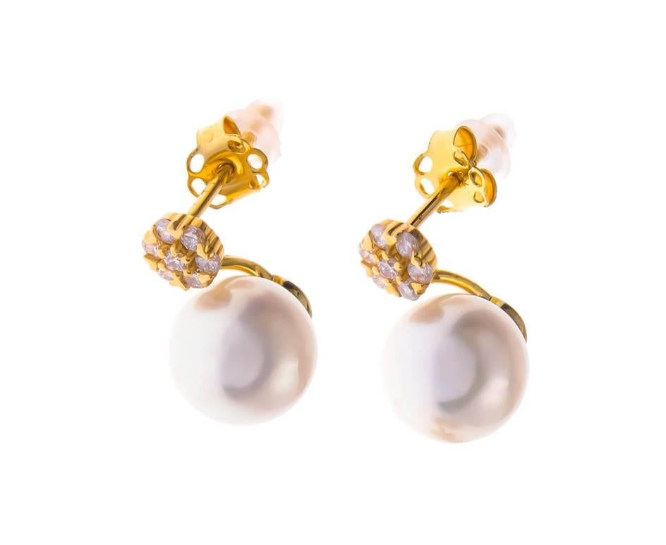 Modern 18 Carat Gold Akoya Pearl and 0.20 Carat Diamond Stud Earrings