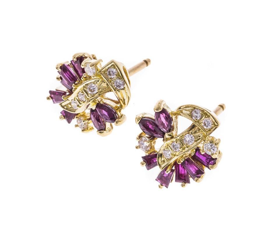 Retro Vintage 0.70 Carat Ruby and Diamond Cluster Earrings