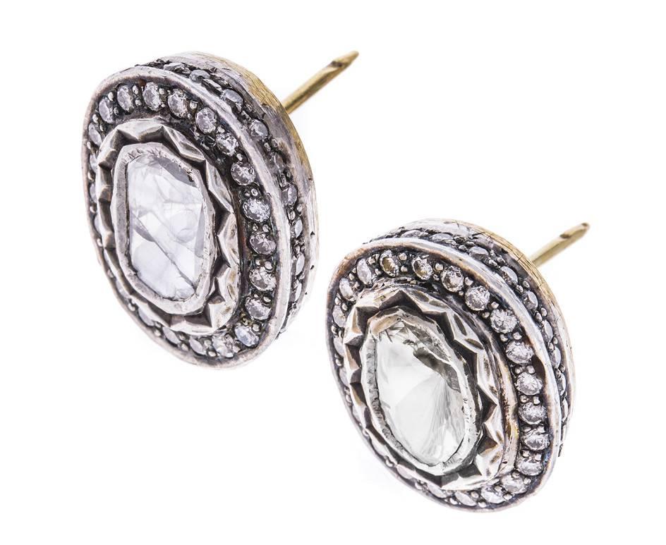 Victorian Vintage Gold and Silver 1.25 Carat Diamond Foiled Back Earrings
