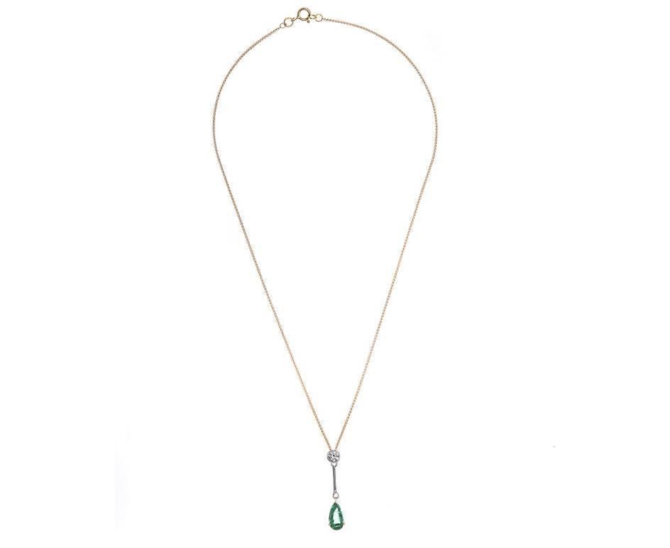 Modern 18 Carat Yellow and White Gold 1.49 Carat Emerald and Diamond Drop Necklace For Sale