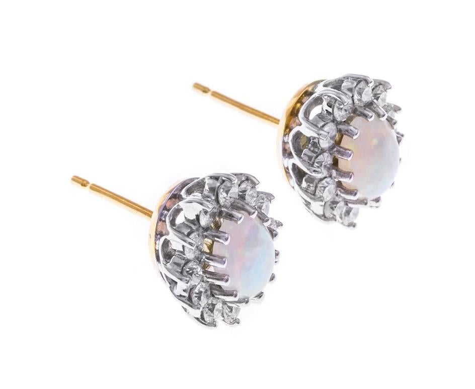 Edwardian 0.88 Carat Opal Diamond Gold Oval Halo Stud Earrings