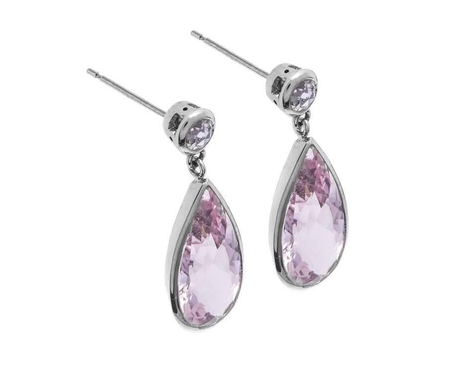 These gorgeous drop earrings are crafted in 18ct white gold (as tested) and boast a total of 6.38ct of delicious pink Beryl also known as Morganite. Each of these scintillating pink drops is accentuated with a sparkling round brilliant cut diamond.