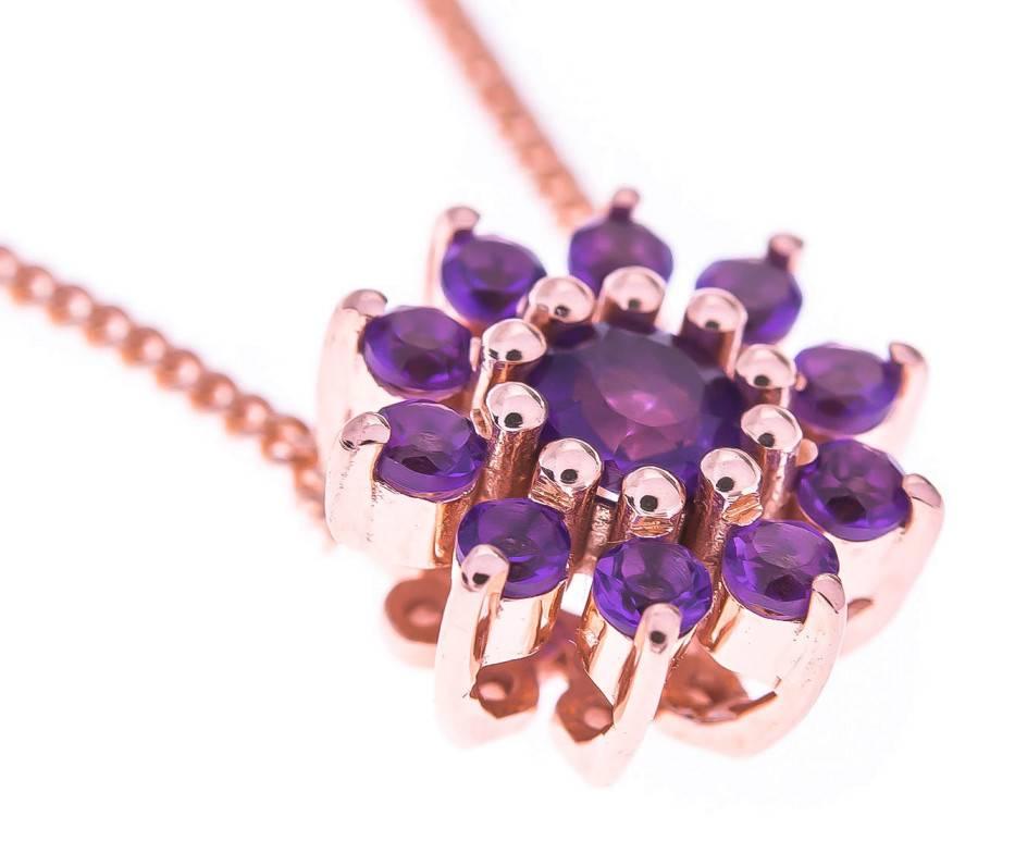 A warm and happy design, this pretty pendant is set with deep rose and shining purple amethysts in luscious rose gold. An excellent addition to any jewellery collection. Match with the ring and earrings for a perfect ensemble.

SPECIFICATION
Weight