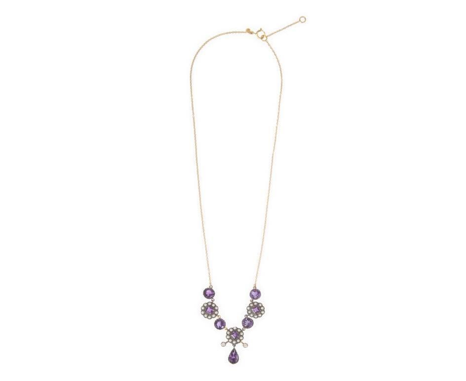 Edwardian Amethyst, Seed Pearl and Diamond Necklace