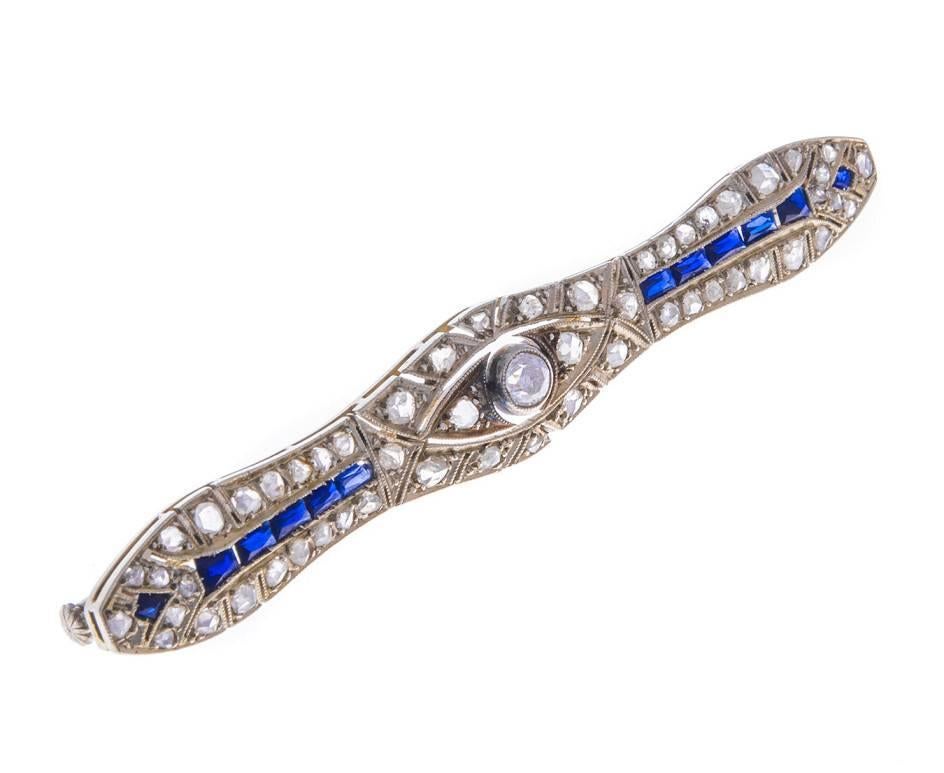 Art Deco Synthetic Sapphire Diamond White Gold Brooch In Good Condition For Sale In Birmingham, GB