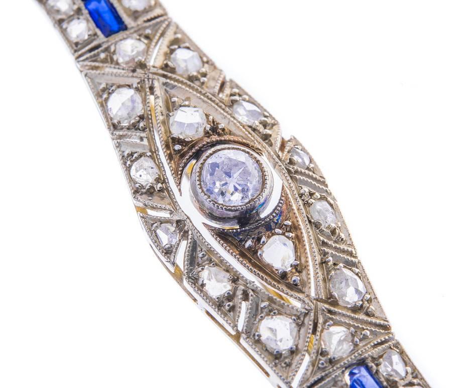 Women's or Men's Art Deco Synthetic Sapphire Diamond White Gold Brooch For Sale