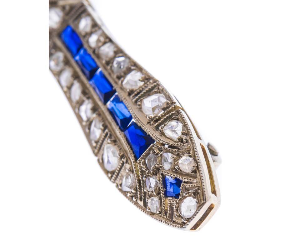 Art Deco Synthetic Sapphire Diamond White Gold Brooch For Sale 1
