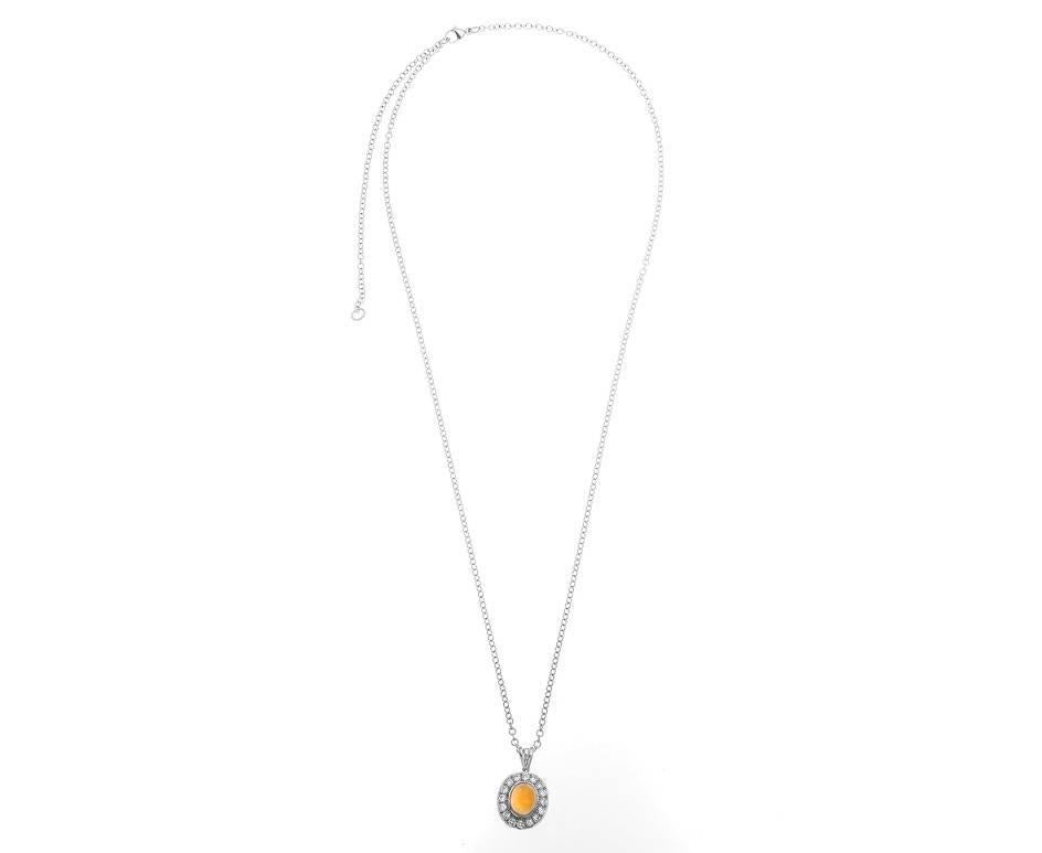 Modern 18 Carat White Gold 2.09 Carat Fire Opal and Diamond Halo Pendant For Sale