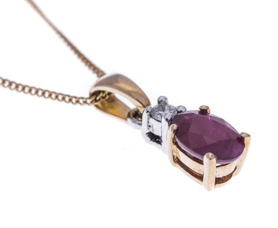 The perfect pendant for every day enjoyment. Set with a royally coloured ruby and sparkling diamond, this is a lovely treat to yourself or special gift to another.

SPECIFICATION
Weight (grams)	1.79
Fineness	9ct
Metal	Yellow Gold
Additional