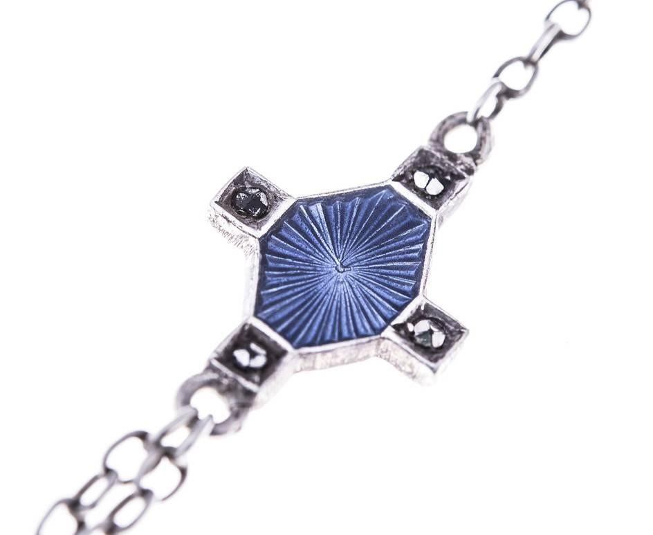 Women's Edwardian Silver Sapphire and Marcasite Blue Enamel Locket