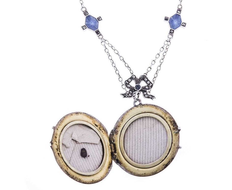 Edwardian Silver Sapphire and Marcasite Blue Enamel Locket 1
