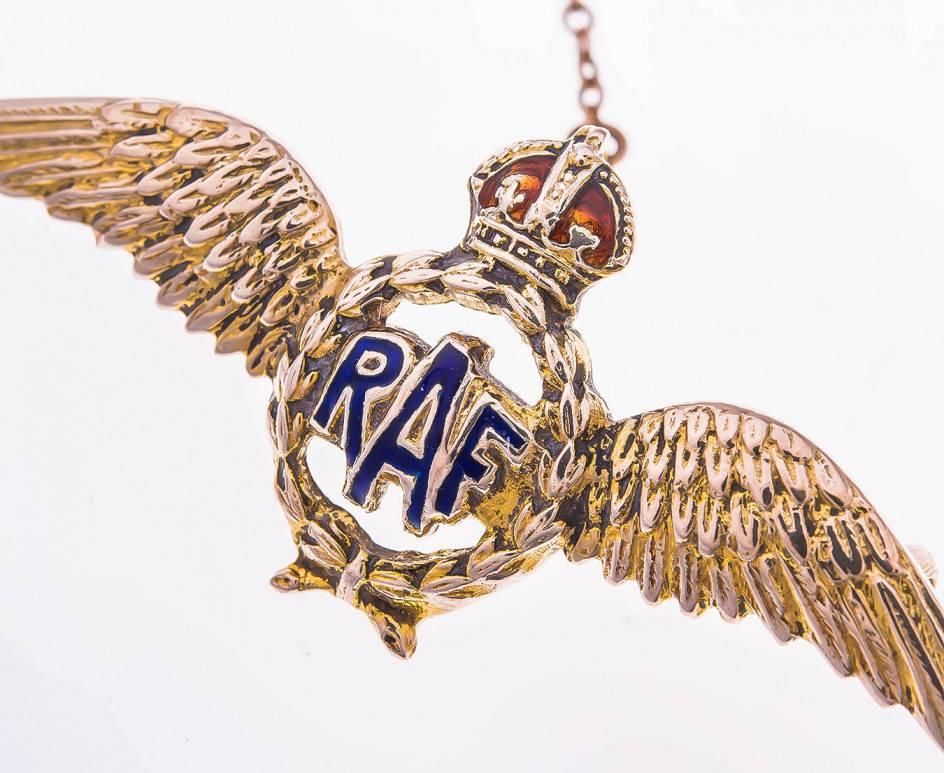 This charming early 20th century brooch, decorated with feather sides and central eye-catching RAF blue enamel script. 

Given to those in battle to sweethearts, these were a beautiful way of honouring those who were dear, but so far away.

A