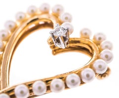 1980 9 Carat Gold Seed Pearl and Diamond Heart Shape Open Brooch