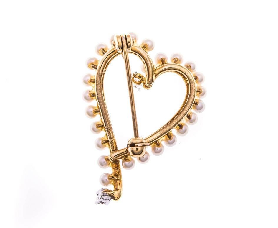 Women's 1980 9 Carat Gold Seed Pearl and Diamond Heart Shape Open Brooch