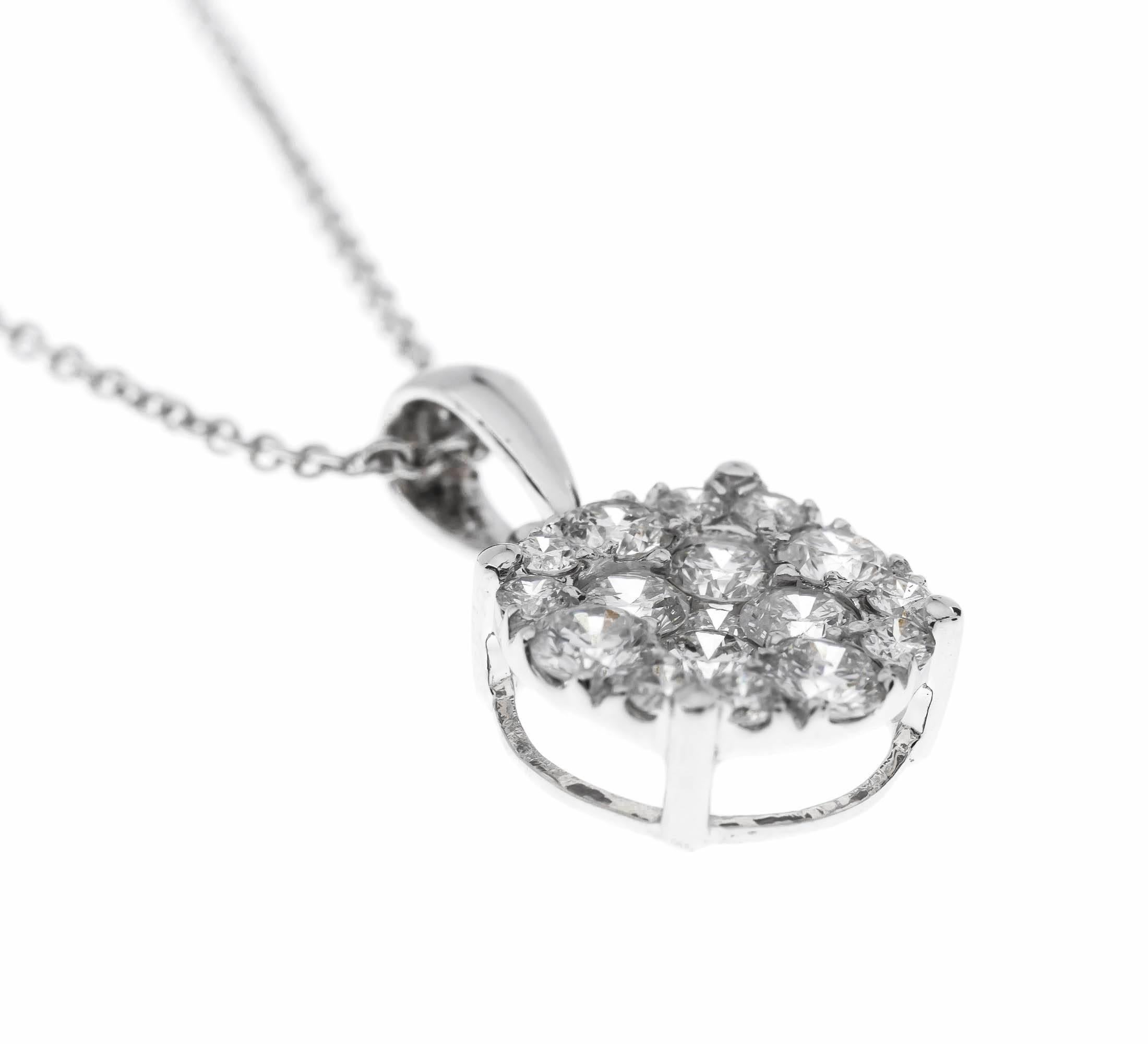 GEMMOLOGIST'S NOTES

This gorgeous pendant, that is encrusted with 1ct of sparkling diamonds, all set in a cool white gold, suspended from a subtle trace chain.

Want some more sparkle? Matching earrings and ring also