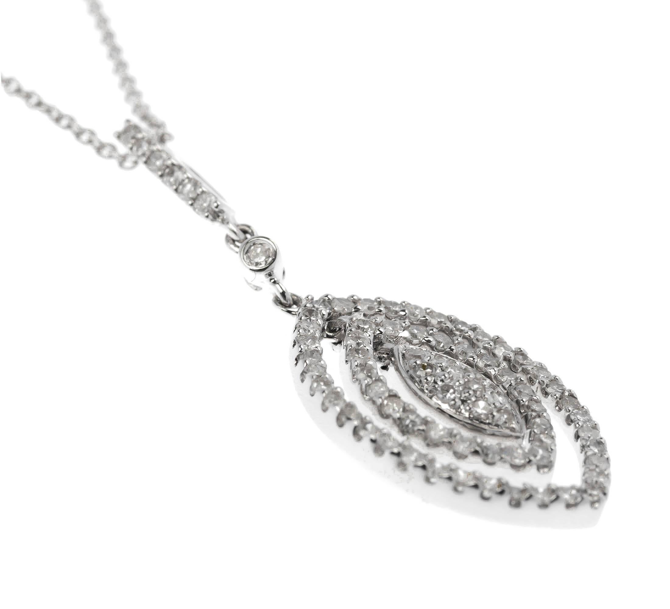 GEMMOLOGIST'S NOTES
This fabulous diamond pendant, features two cool 9ct white gold diamond navettes, creating a dazzling frame around the sparkling diamond cluster. 

A simply gorgeous piece, that is fresh and trendy.. not enough sparkle for you?