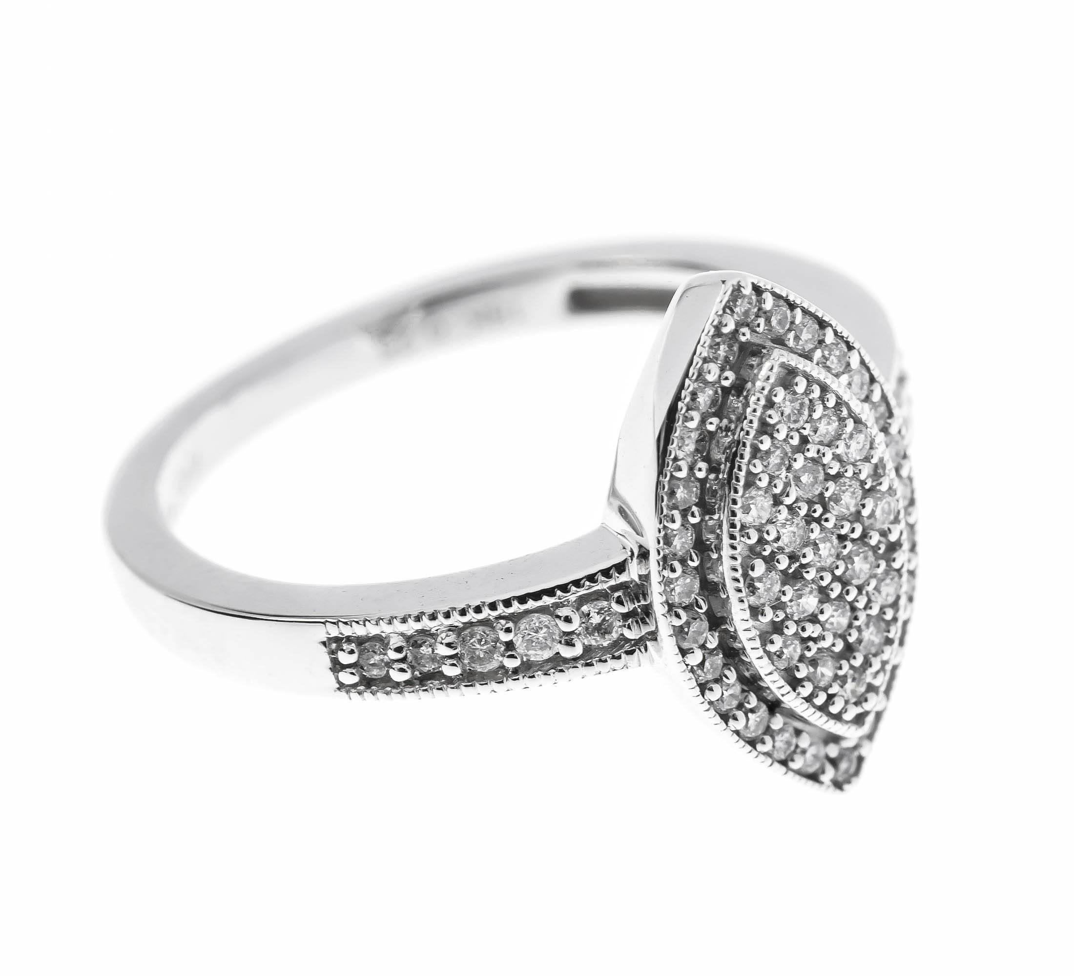 GEMMOLOGIST'S NOTES

A beautiful navette shaped cluster halo ring, encrusted with a number of encrusted with pave-set diamonds, delicately set in a cool white gold. Whether chosen as an engagement ring or to rock a right hand, this is a truly