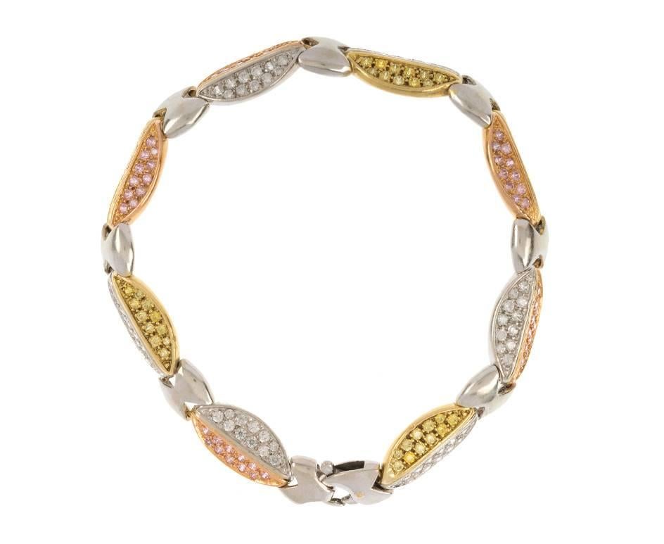 GEMMOLOGIST'S NOTES
This gorgeous bracelet, designed as a series of oval panels, inset with vivid yellow, pink and colourless gems, injecting fabulous colour and sparkle, all crafted in a cool (as tested) 18ct white, yellow and rose gold.

A