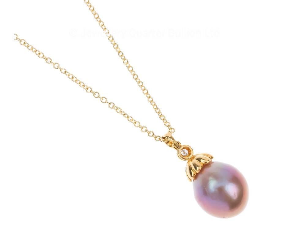 Modern Natural Pink Edison Pearl and Diamond Pendant in 18 Carat Gold
