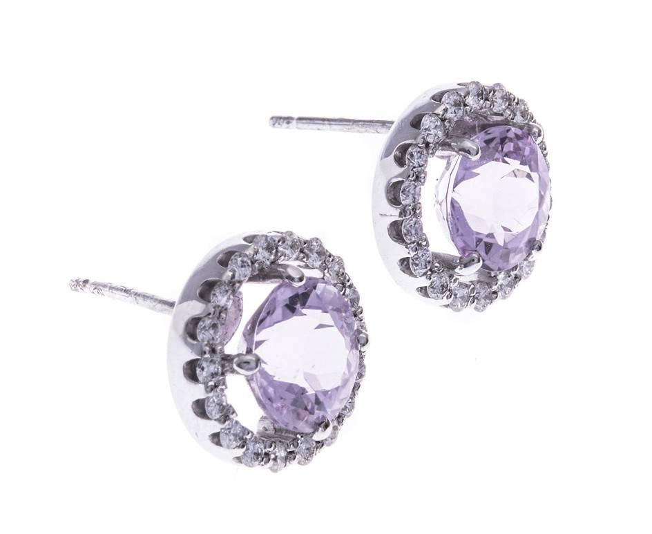 3.89 Carat Kunzite Diamond White Gold Halo Stud Earrings In New Condition In Birmingham, GB