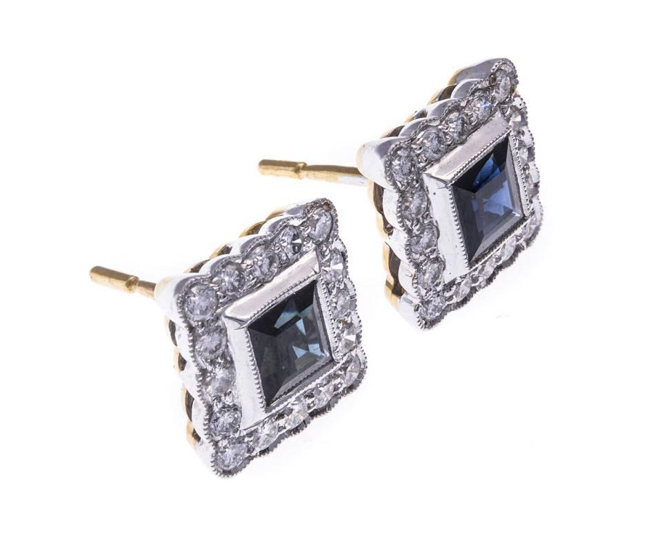 Modern 18 Carat Gold Sapphire and Diamond Square Halo Stud Earrings For Sale