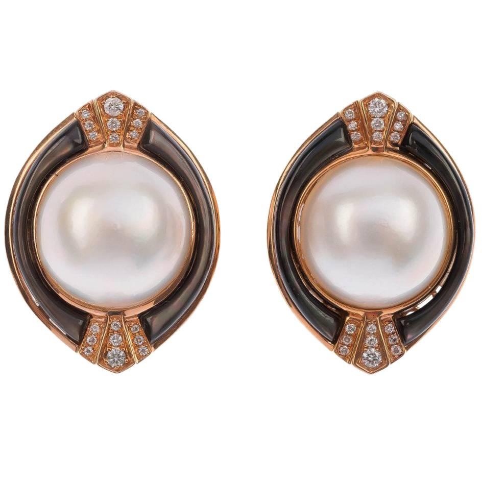 18 Carat Rose Gold Mabe Pearl Diamond Earrings For Sale