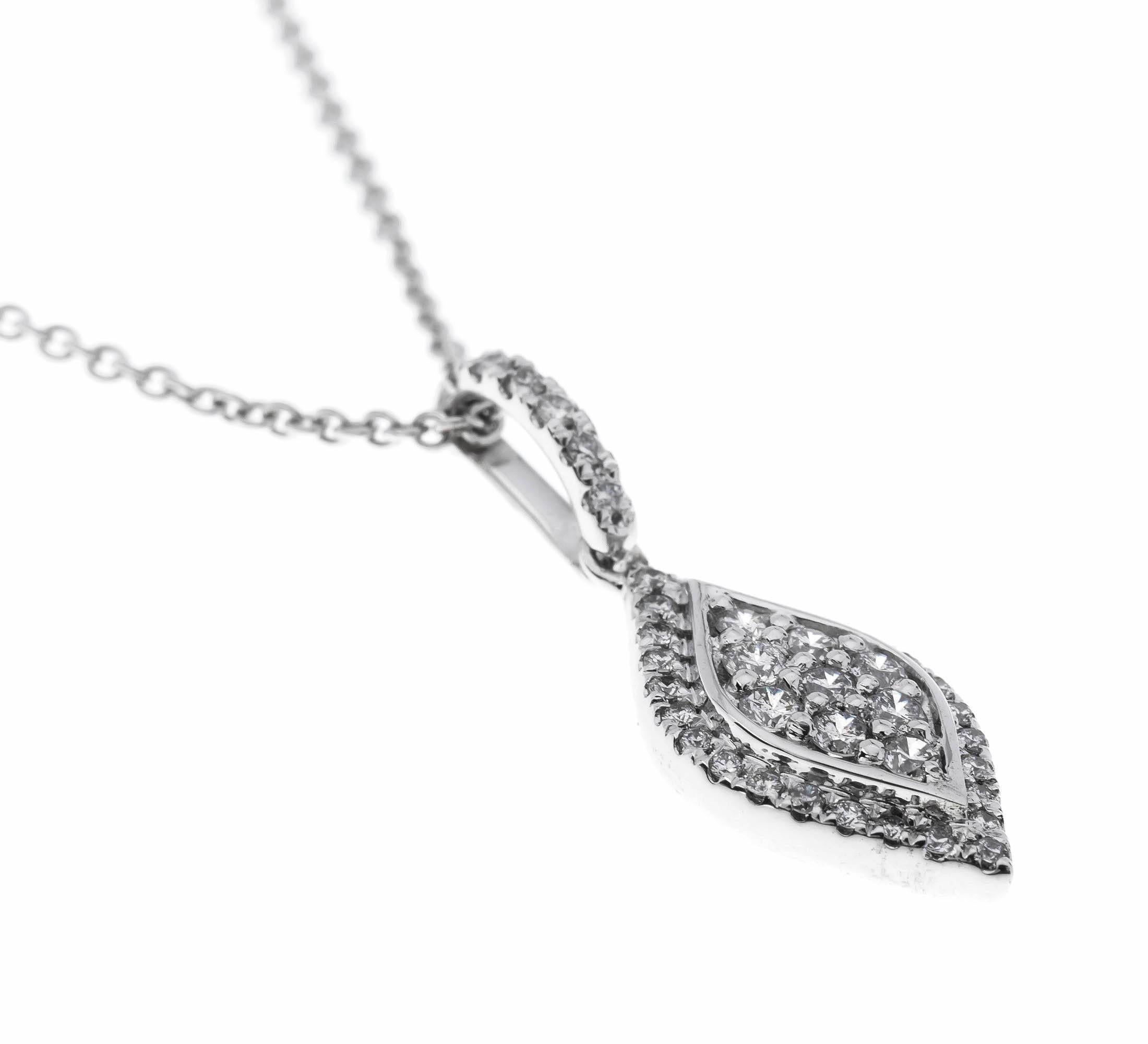 GEMMOLOGIST'S NOTES
This beautiful sleek pendant...

Designed as a smooth teardrop, inset with twinkling diamonds, suspended gracefully from a trace chain. 

Pair with the ring and earrings... for a coordinated finish.

SPECIFICATION
Weight