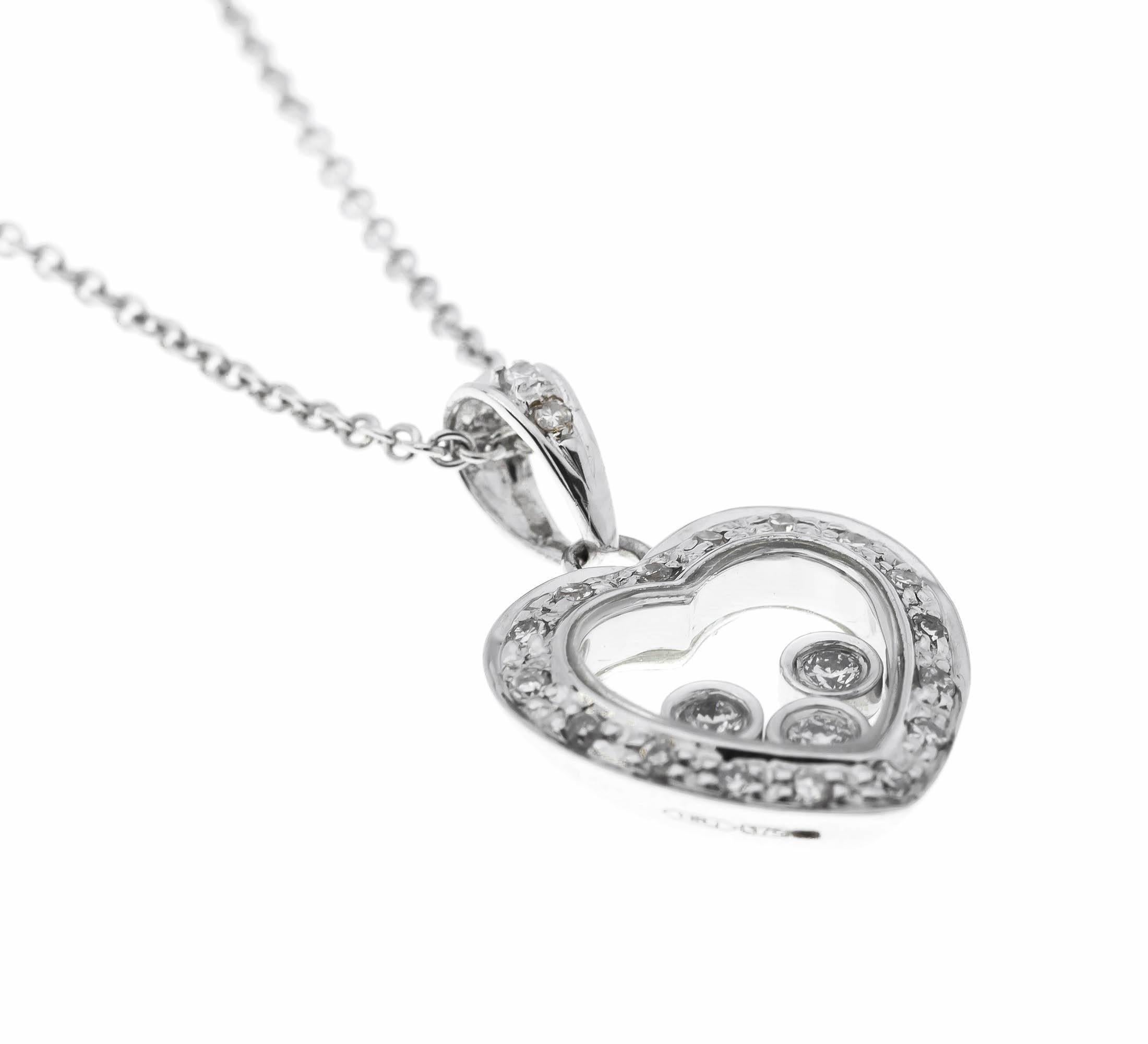 GEMMOLOGIST'S NOTES
This fabulous heart pendant.

A playful design, that has three free-moving floating diamonds, sitting beautifully within a diamond heart surround, suspended from an elegant trace chain.

Like things to match? Pair with the