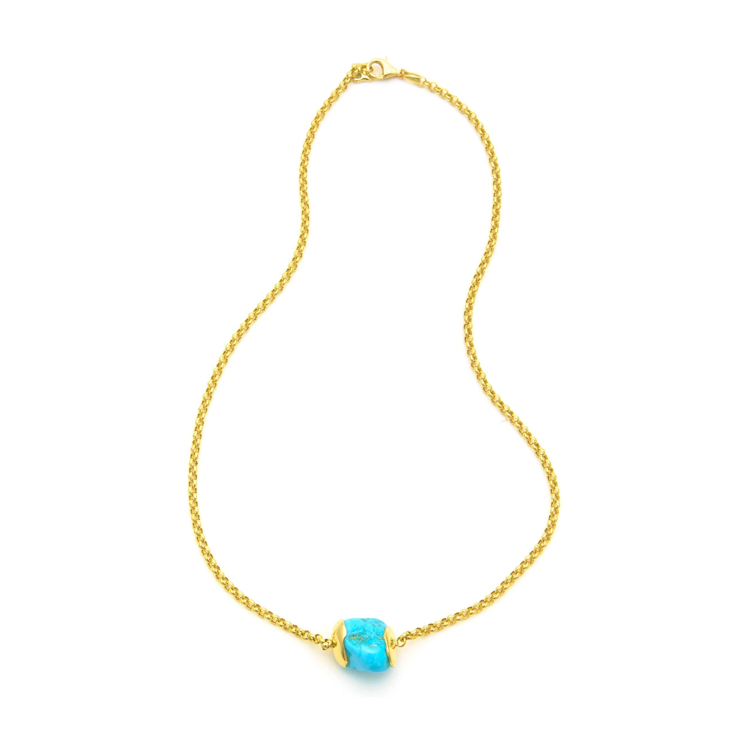 Contemporary MAVIADA's Tumbled Turquoise Series , 18 Karat Yellow Gold modern necklace, 70cm For Sale