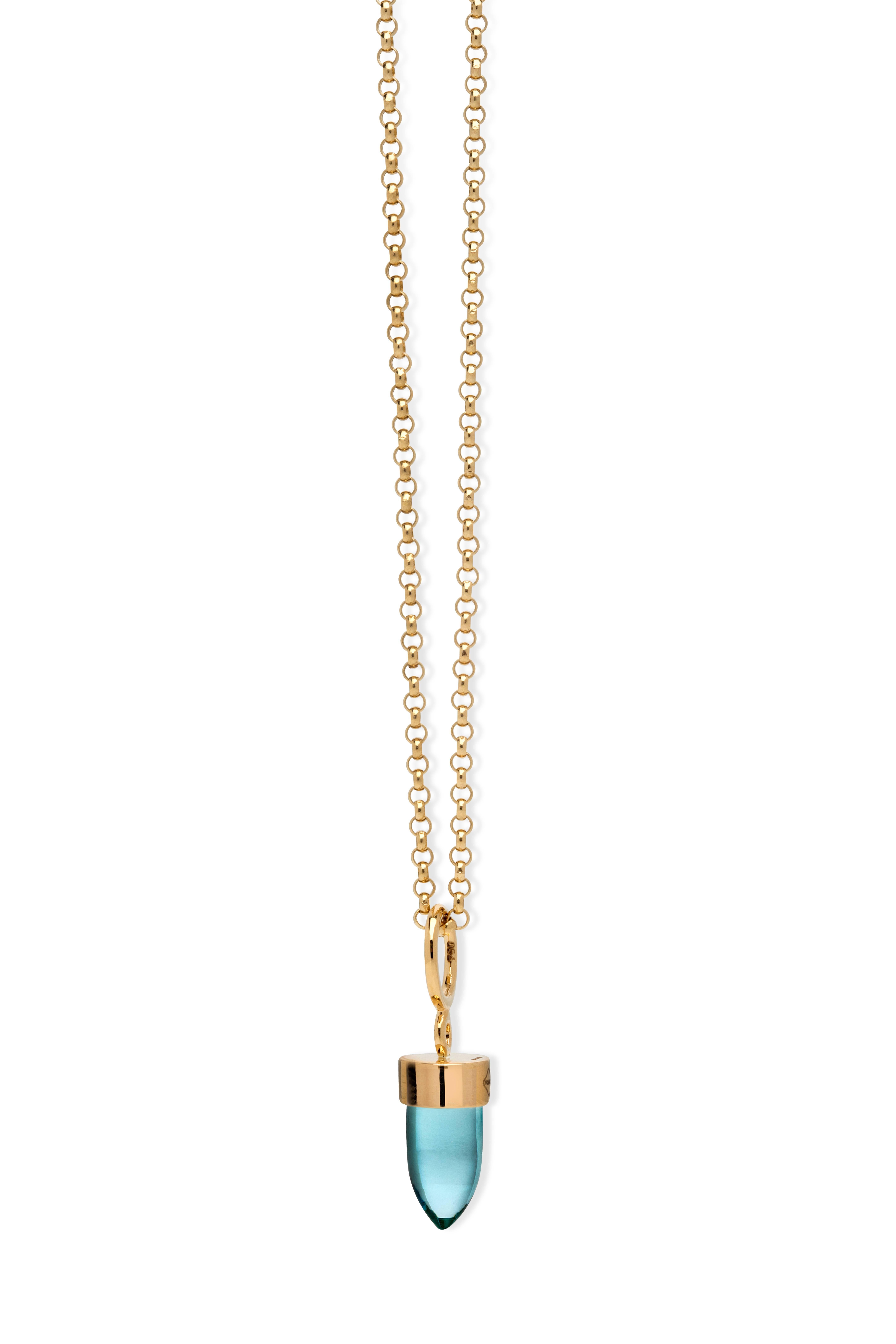 Mallorca Flat
18kt yellow gold pendant, 8x15mm stone
These gorgeous pendants with bullet shaped smooth cut stones are designed to be versatile. Wear them alone, in multiples of three, with a chain, or with a cord, you have so many choices! The