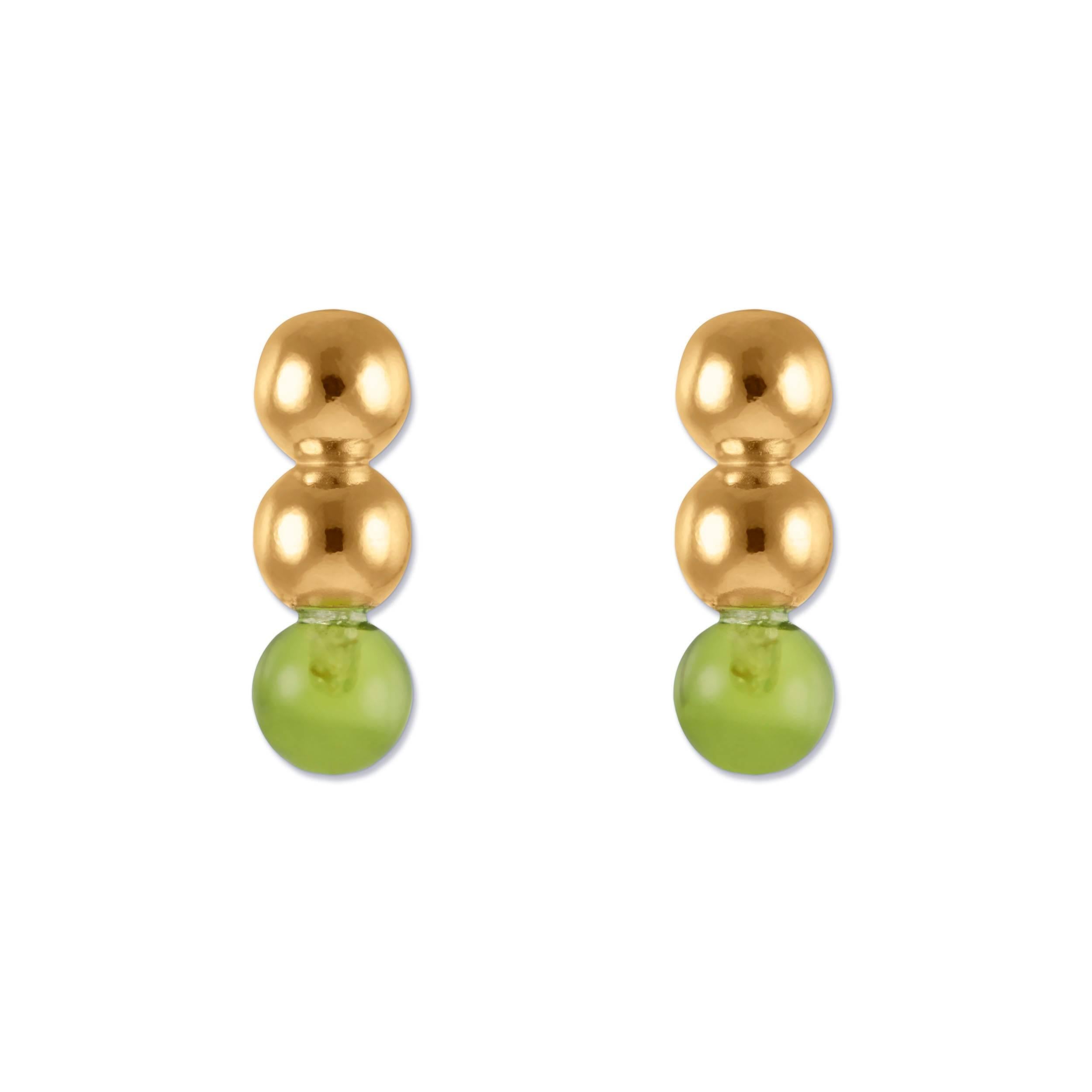 Three Ball 18 Karat Yellow Gold and Rose Gold Vermeil Stud in Green Earrings
