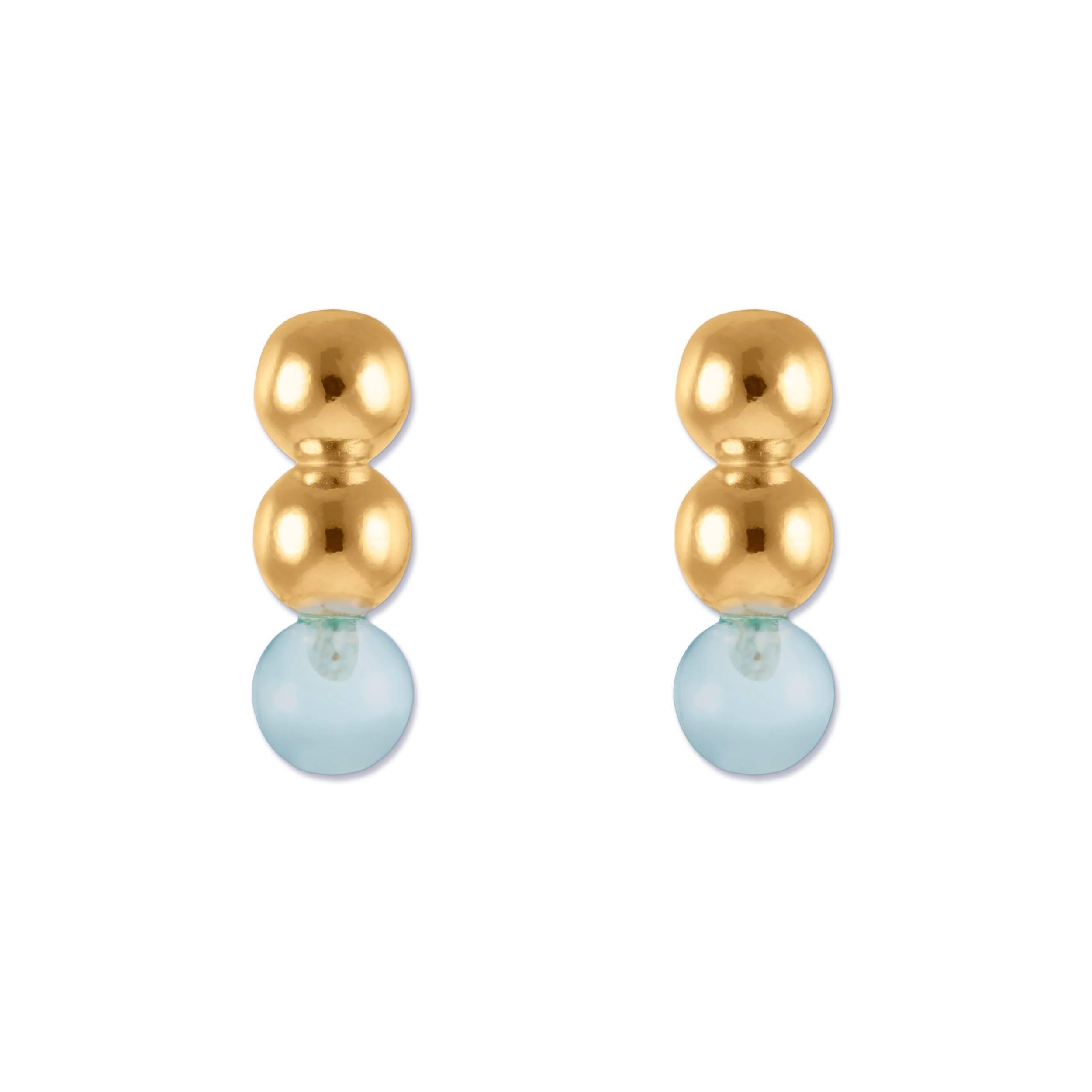 Contemporary Three Ball 18 Karat Yellow Gold and Rose Gold Vermeil Stud in Green Earrings