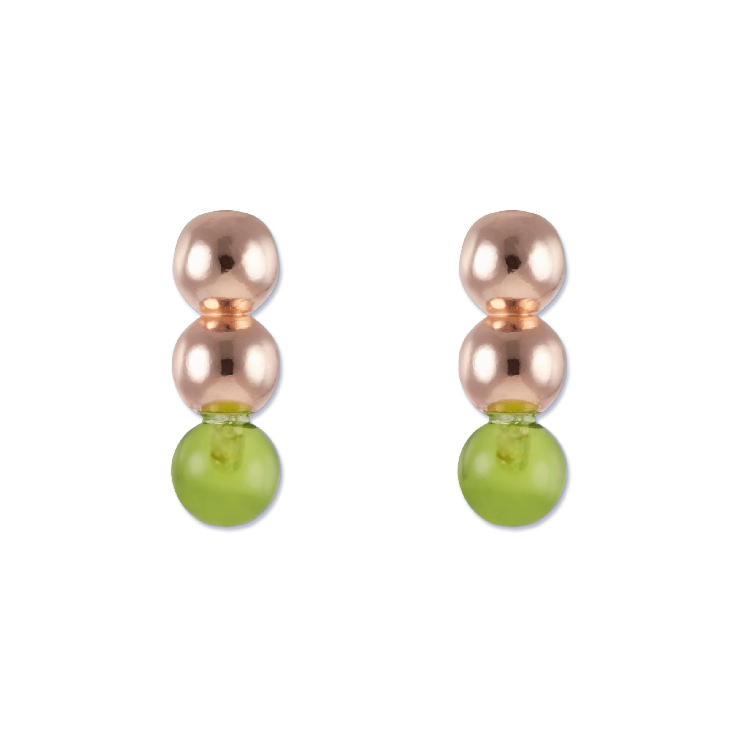 Three Ball 18 Karat Yellow Gold and Rose Gold Vermeil Stud in Green Earrings 4