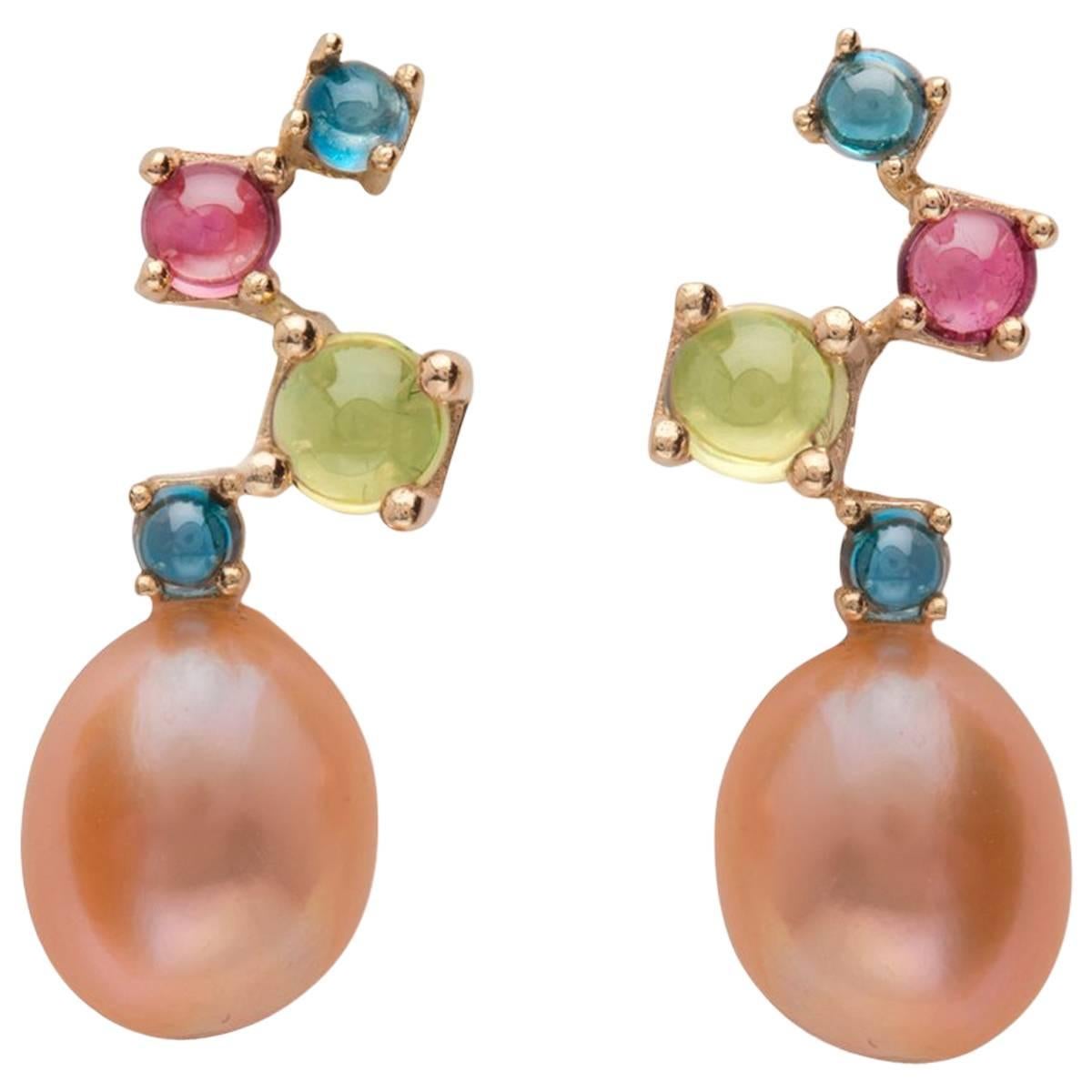 Pink Baroque Pearl Blue Green Pink 18 Karat Solid Gold Drop Classic Earrings For Sale