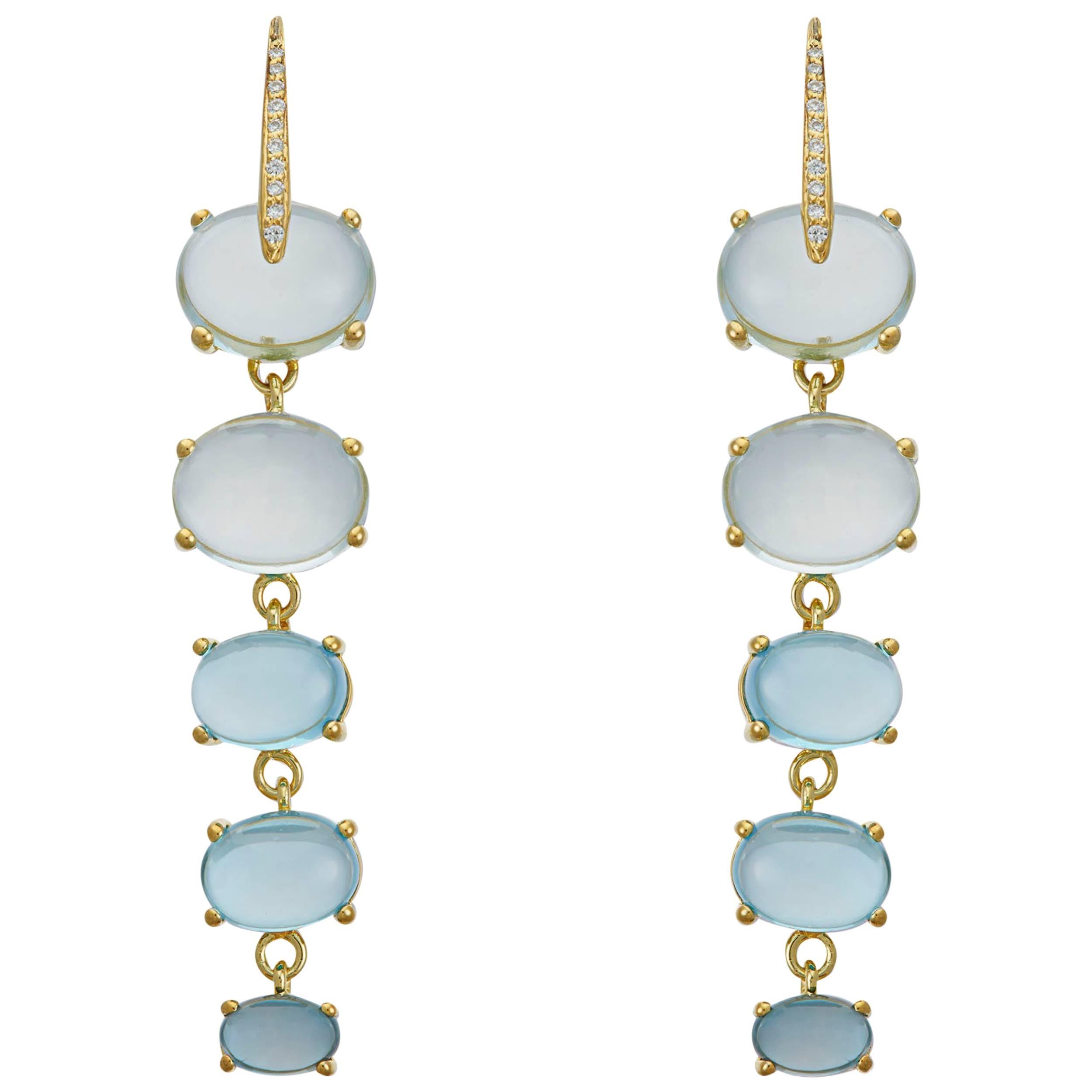 Contemporary Maviada's Diamond Sardinia 18 Karat Yellow Gold Rainbow Blue Topaz Drop Earrings For Sale