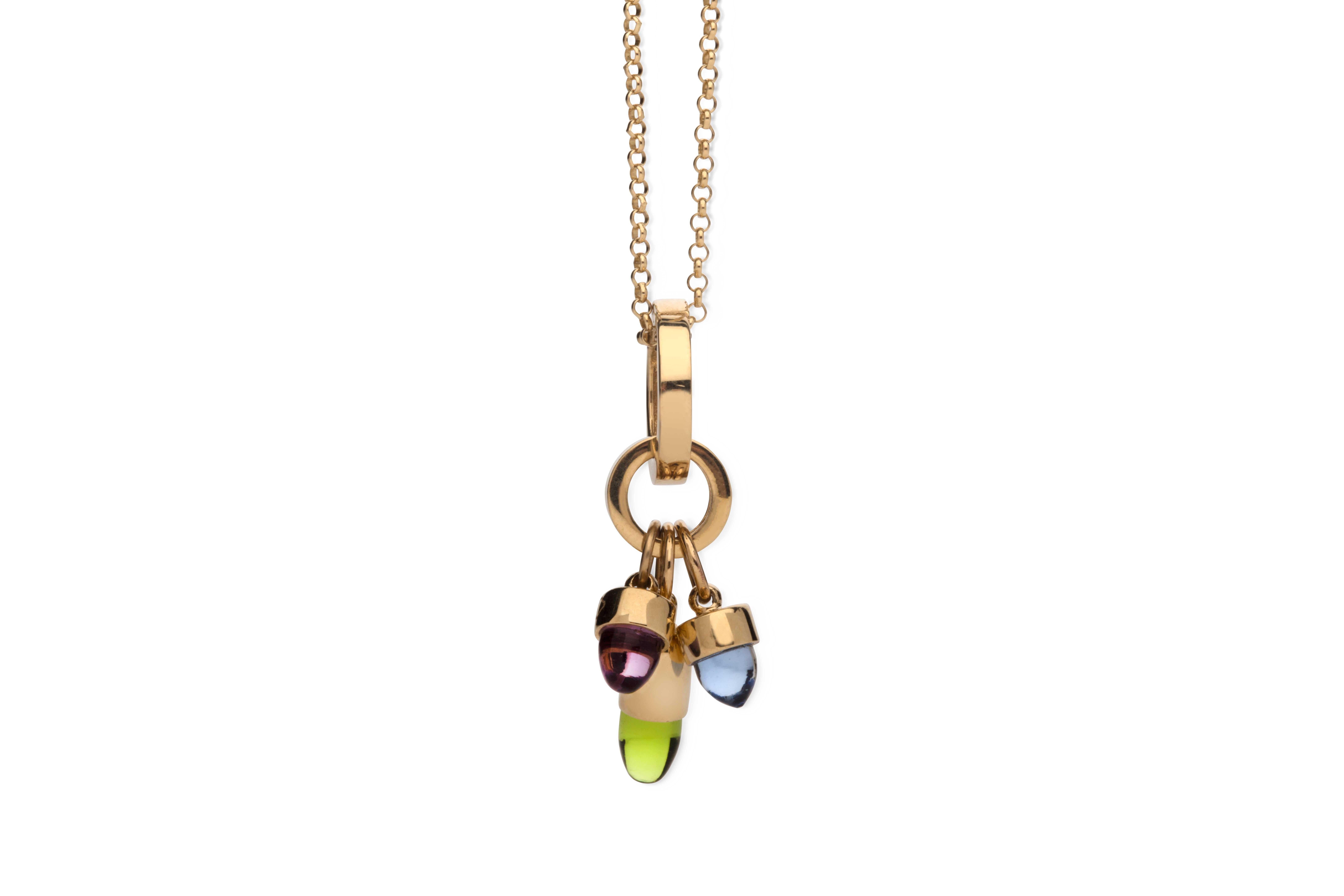 Contemporary Skopelos Charms Pink Tourmaline, Green Peridot Blue Tanzanite Gold Necklace For Sale