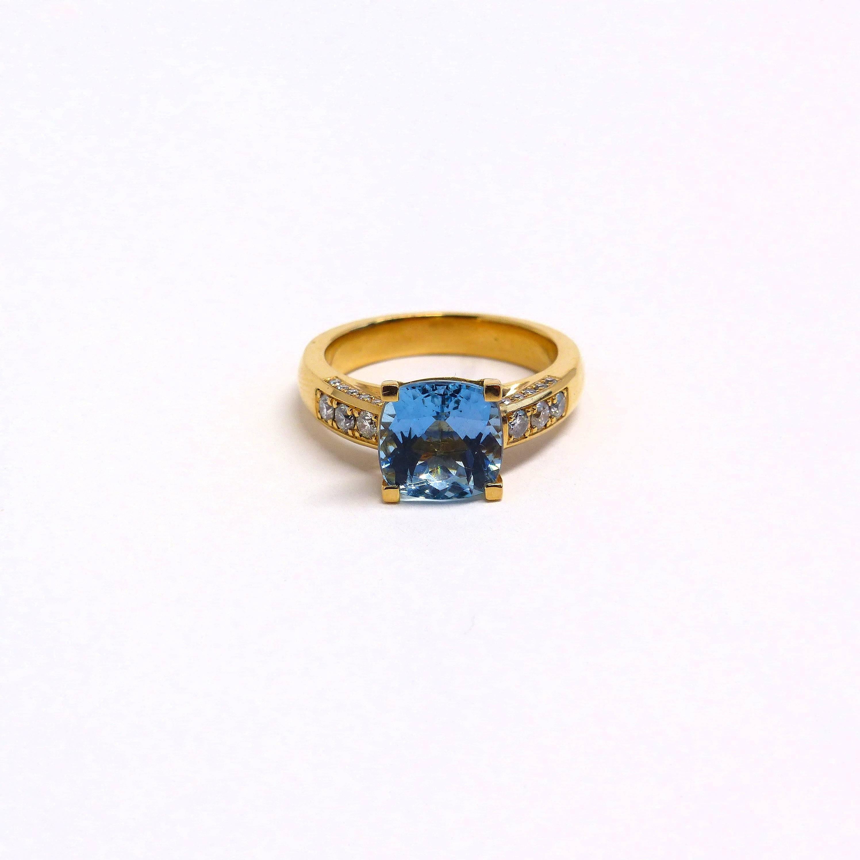 Thomas Leyser is renowned for his contemporary jewellery designs utilizing fine coloured gemstones and diamonds. 

This ring in 18k rose gold is set with a fine Aquamarine cushion shape 8.5mm, accentuated by some 26 diamonds pavé, 1mm, 0,32cts.
