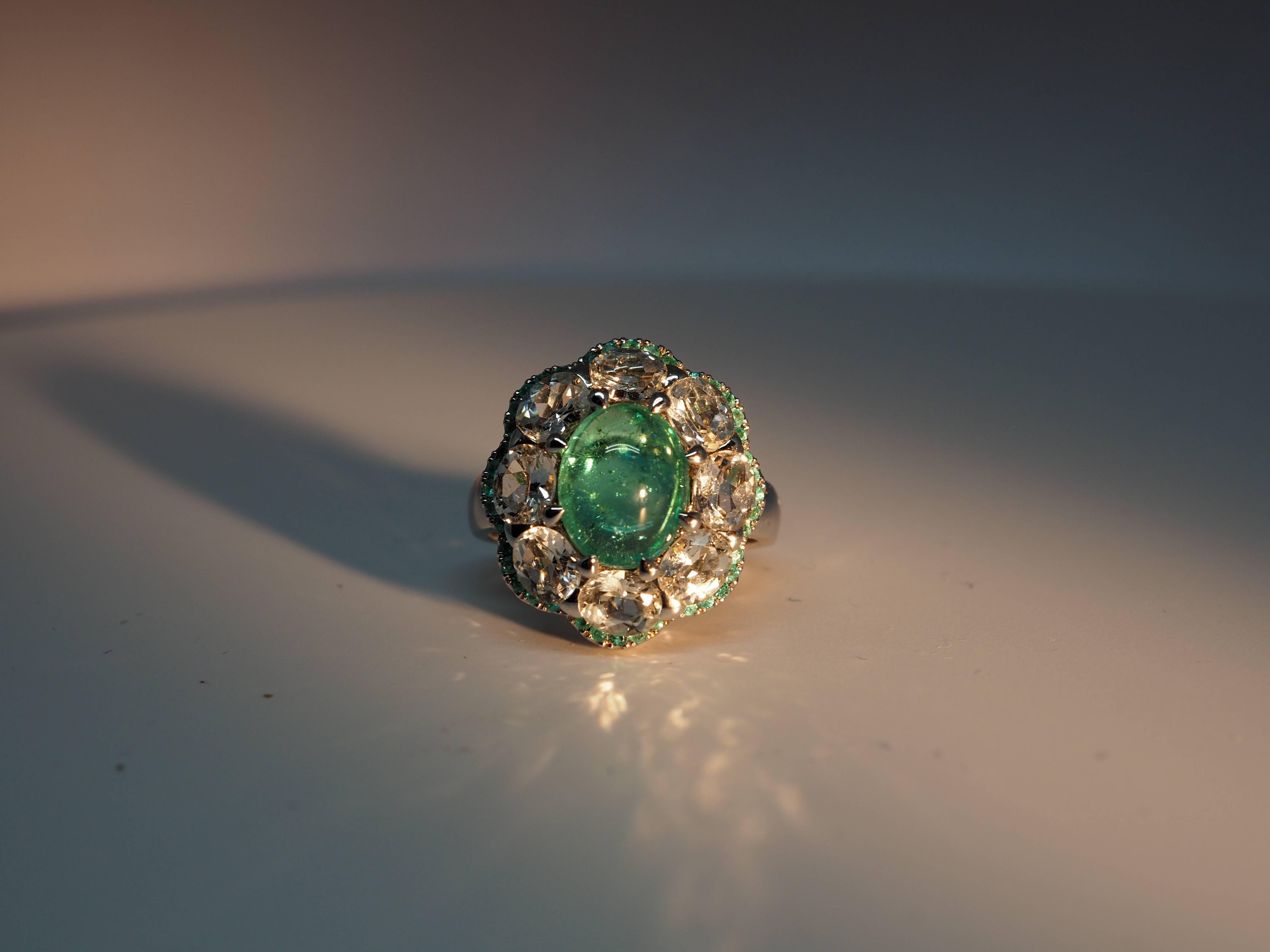 Thomas Leyser is renowned for his contemporary jewellery designs utilizing fine coloured gemstones and diamonds. 

This ring in 18k white gold is set with one Paraiba Tourmaline Cabouchon in top quality and precious facetted topaz, as well as 40