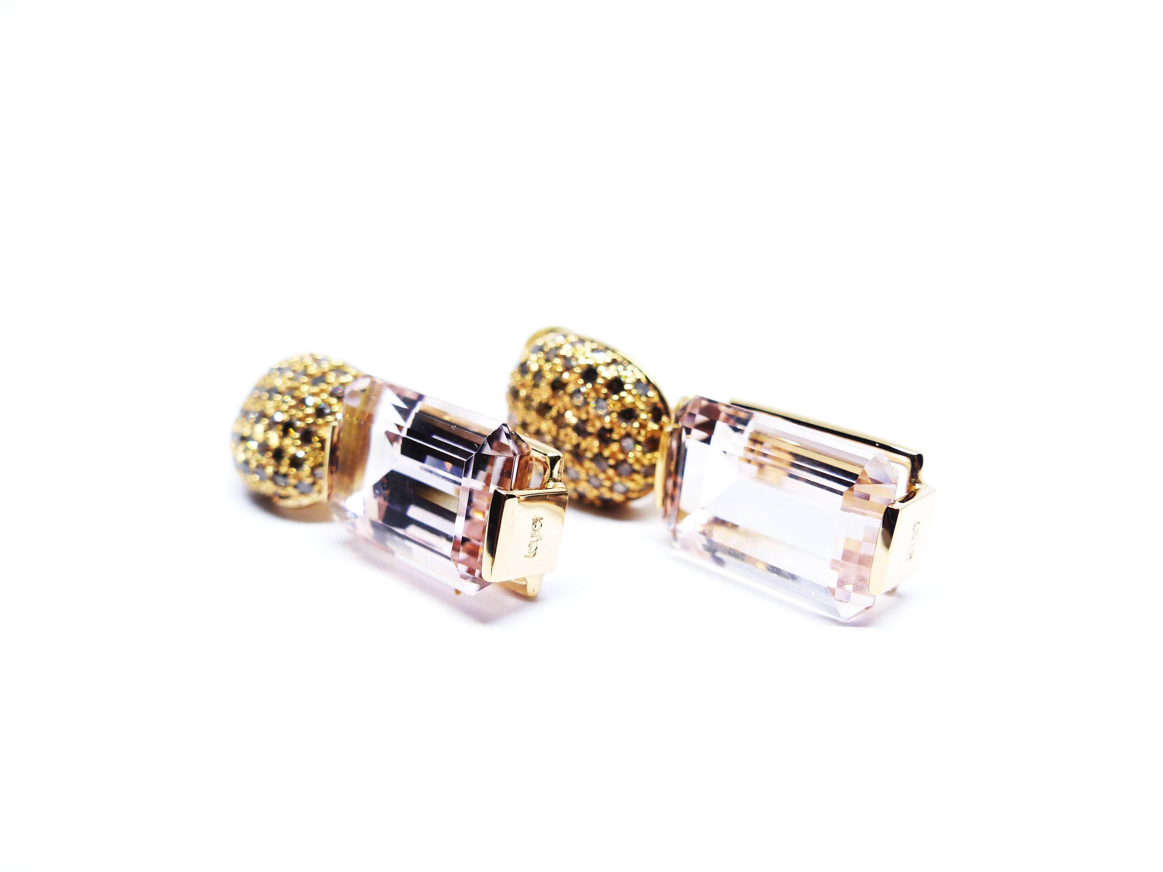 Taille émeraude Leyser Boucles d'oreilles en or rose 18 carats avec morganites et diamants bruns en vente