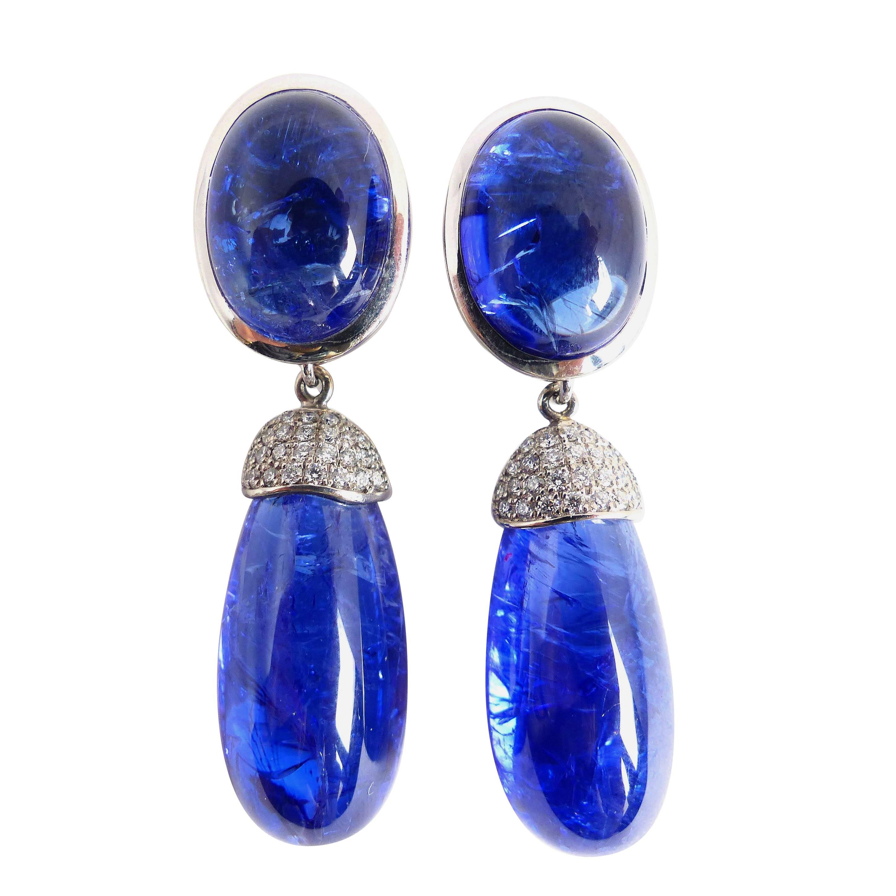 Earrings in White Gold with 4 Tanzanite Cabouchons and Diamonds. For Sale