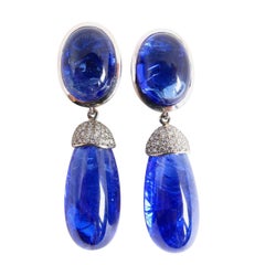 Earrings in White Gold with 4 Tanzanite Cabouchons and Diamonds.