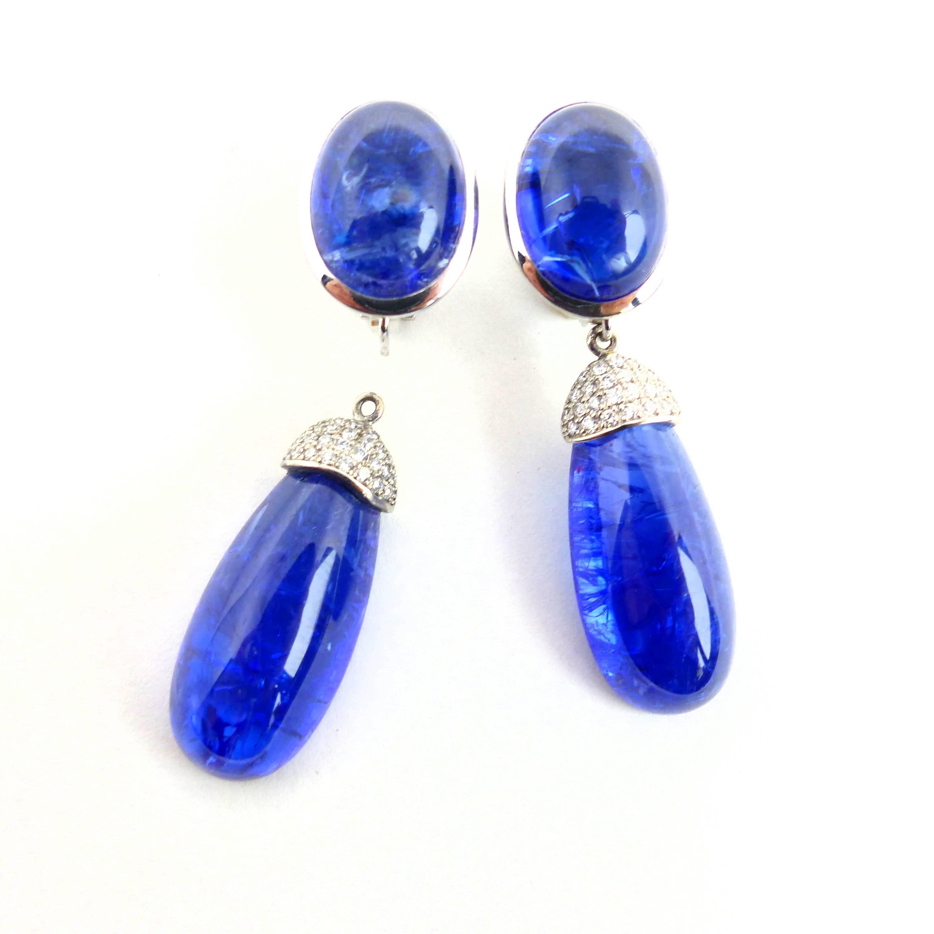 Contemporary Earrings in White Gold with 4 Tanzanite Cabouchons and Diamonds. For Sale