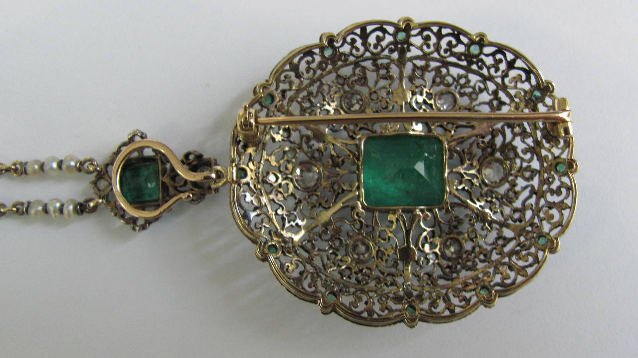 1930s Mario Buccellati Emerald Diamond Pearl Gold Necklace In Excellent Condition In Cremona, Lombardia
