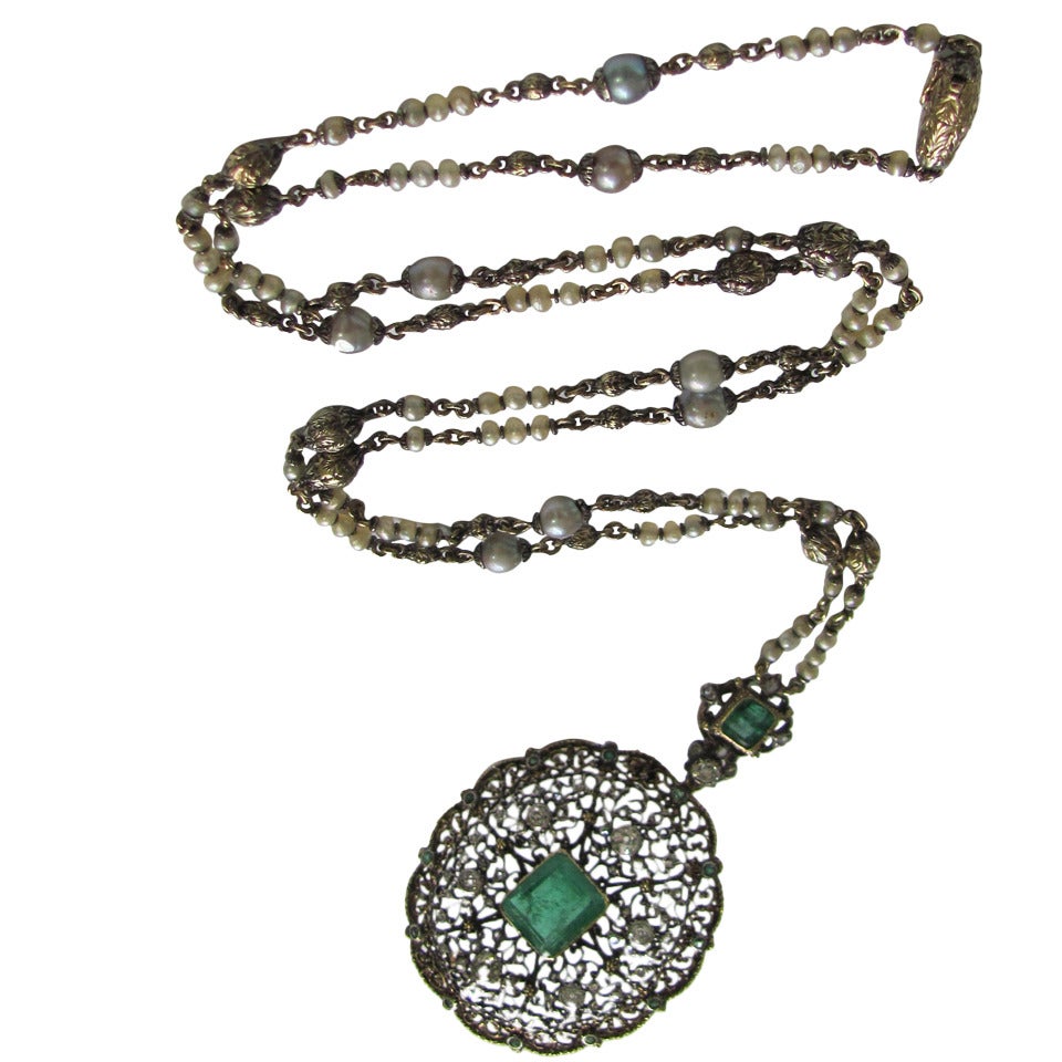 1930s Mario Buccellati Emerald Diamond Pearl Gold Necklace